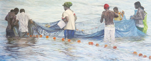 Painting by Judith Jarvis Preparing the net