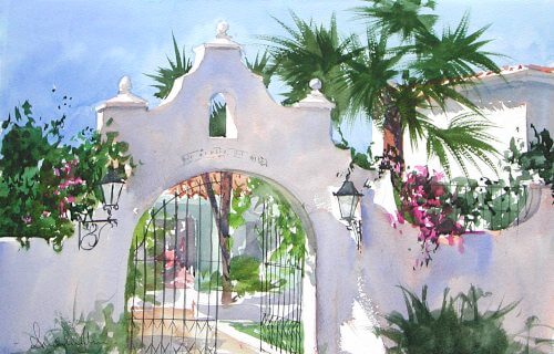 Watercolour painting by painting tutor Andrew John of entrance of Finca del Niño