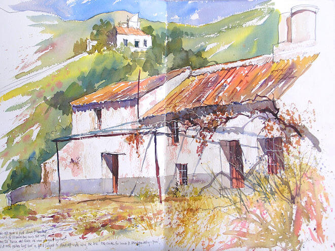 Watercolour painting by painting tutor Barry Herniman of an Old Hacienda
