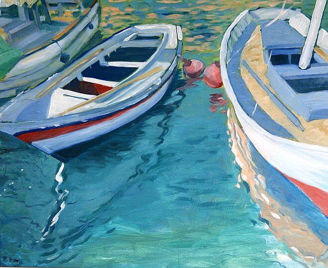 Watercolour painting of Boats in port by painter Sara Pead