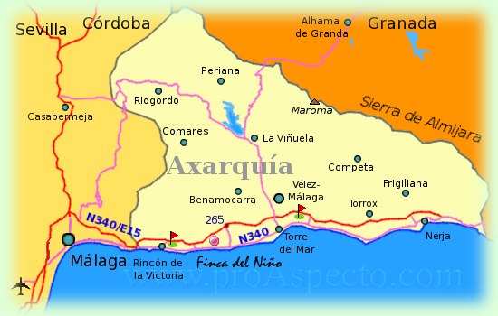 map of Axarquia at Costa del Sol (Andalucia)