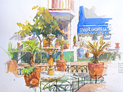 Watercolour painting of a restaurant corner