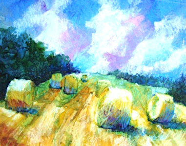 painting a field after hevest with blue sky by Tonja Sell