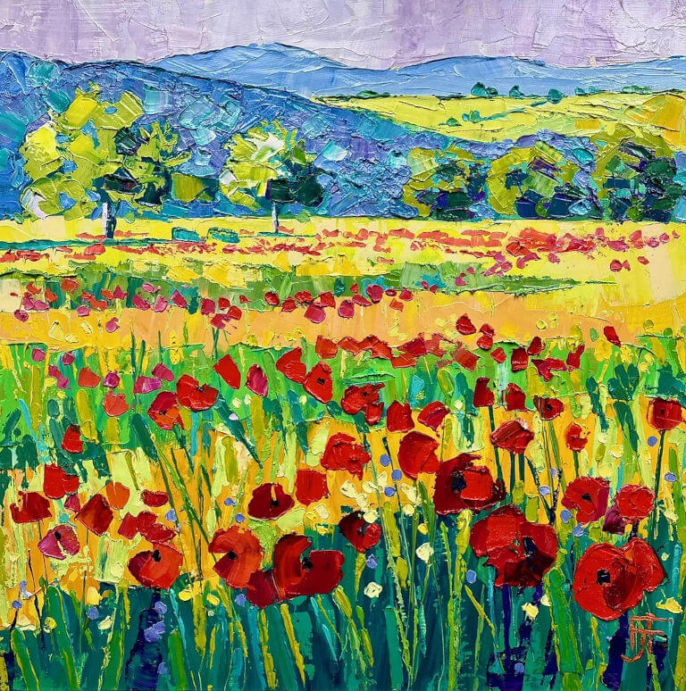 Acrylic painting of a landscape with hills and poppies in the summer by painter Fiona J. Forbes