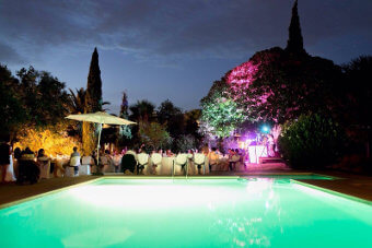 Wedding Party in the garden with lightshow and pool